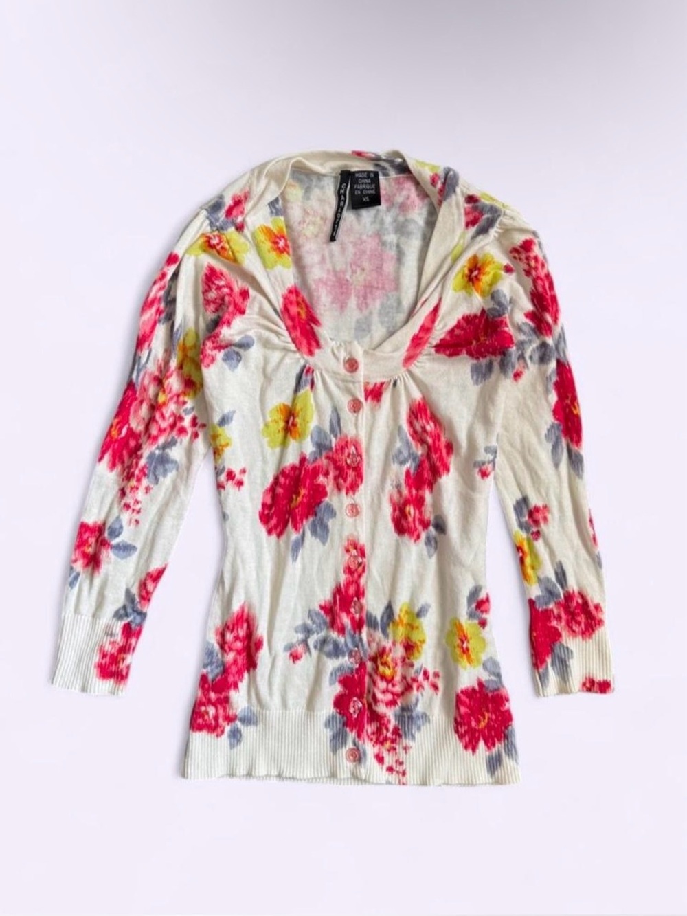 Charlotte Floral 100% Cotton Cardigan Pink Buttons 3/4 Sleeve 00s Y2K Cottage